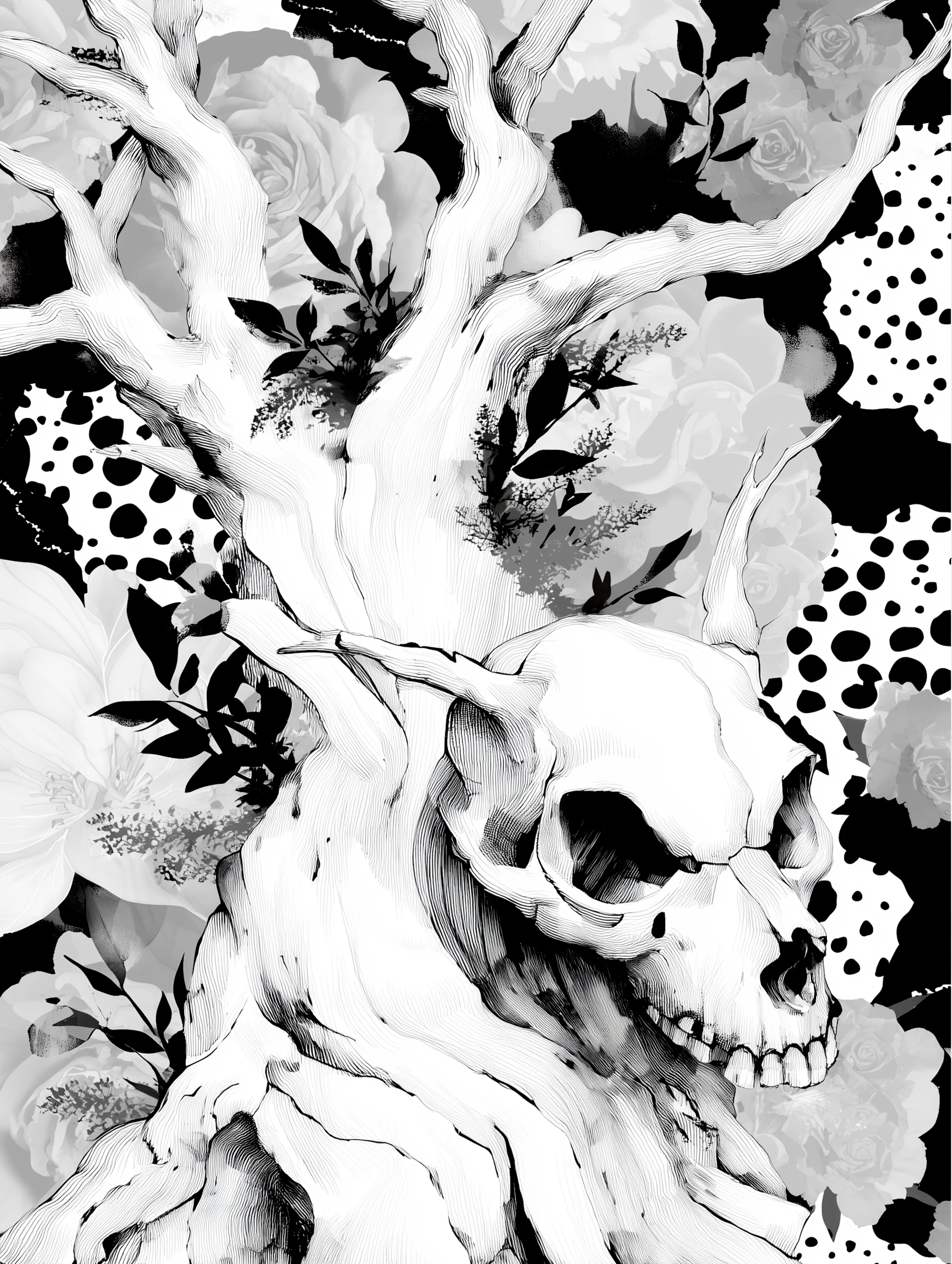 Free printable dead tree coloring page for adults featuring skull of animal on dead tree